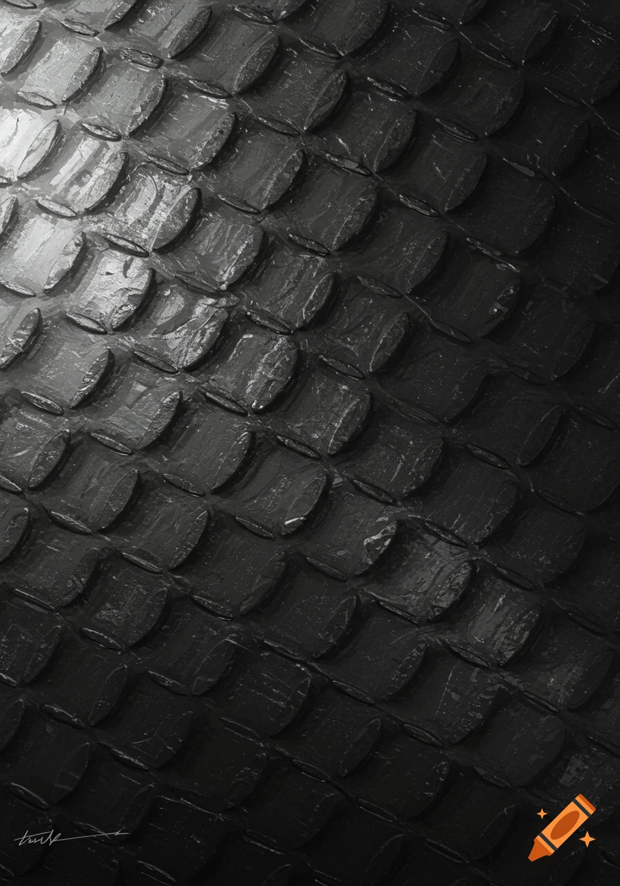 Close-up of a dark textured surface resembling carbon steel scales or plates.