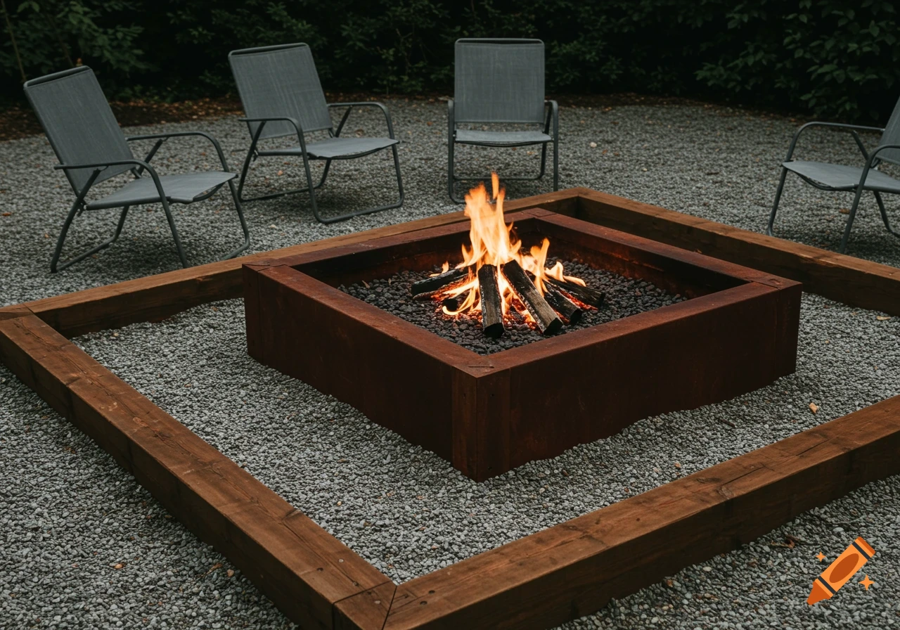 A fire pit surrounded by a wooden border and gravel with patio chairs. Photorealistic.