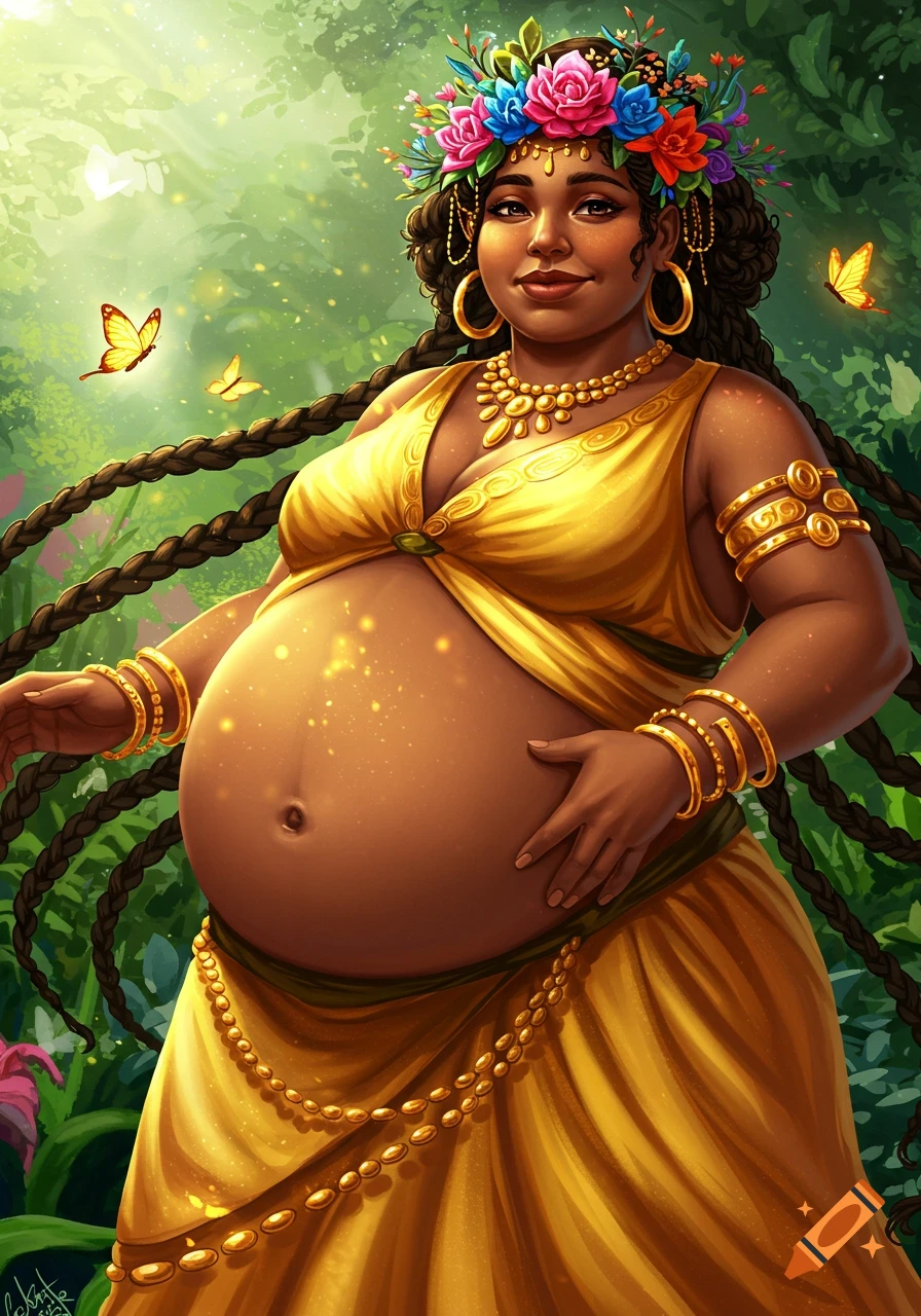 Illustration of a pregnant goddess in a yellow dress, flower crown, and gold jewelry, surrounded by nature and butterflies.