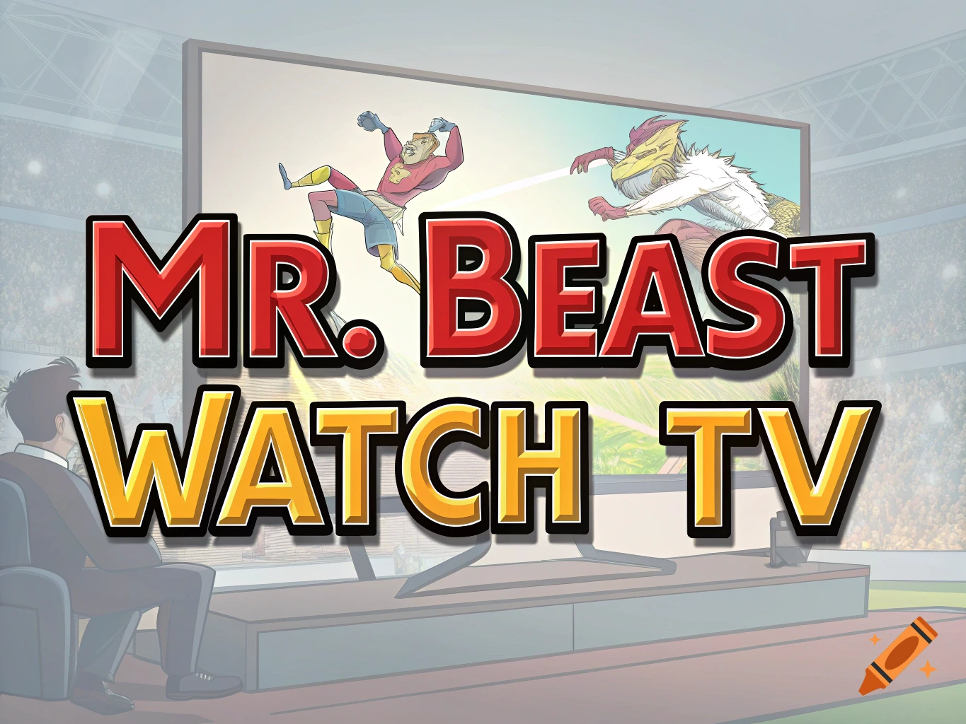 Cartoon illustration of a person watching a large TV screen showing cartoon characters fighting, with text 'MR. BEAST WATCH TV'