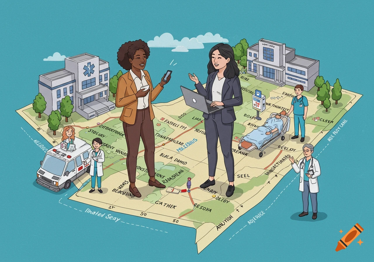 Illustration of two businesswomen standing on a map talking, with hospitals, ambulance, patient, doctor, and nurse around them.