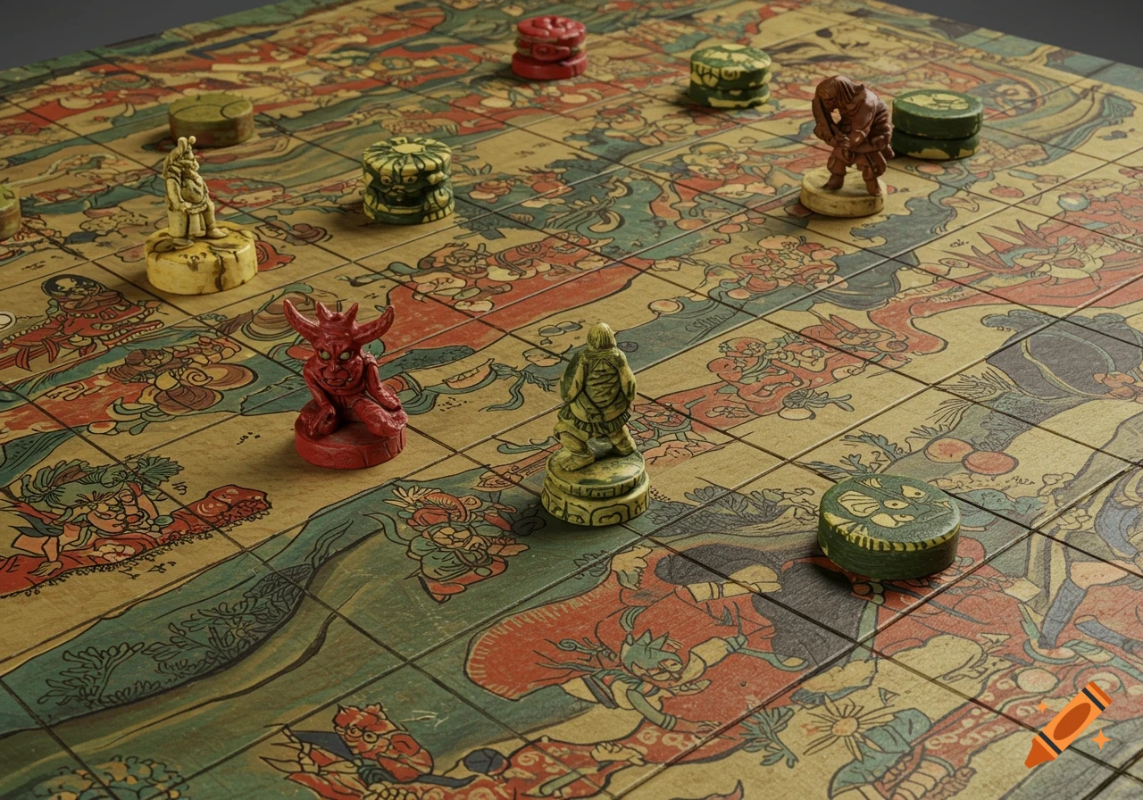 Close-up view of a detailed board game with carved monster pieces and illustrated squares.