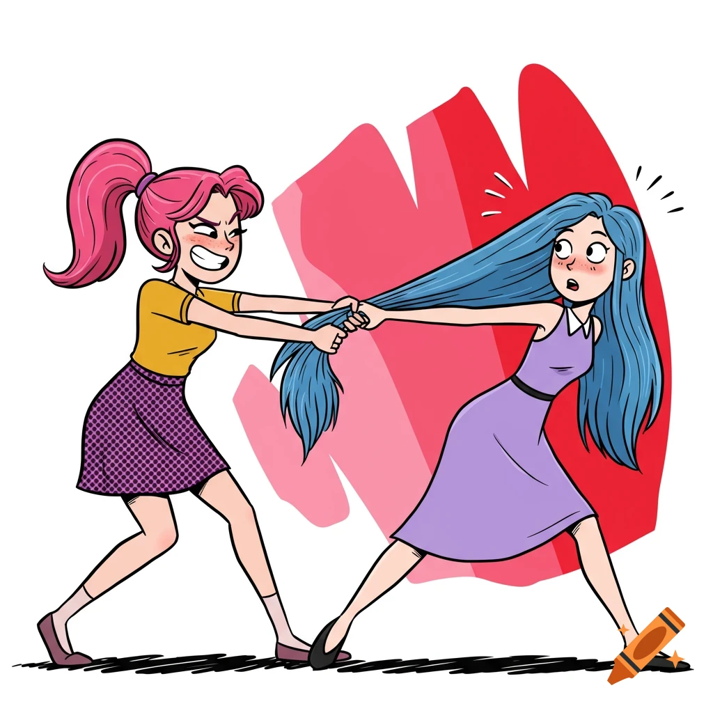 Two cartoon women pulling each other's hair.