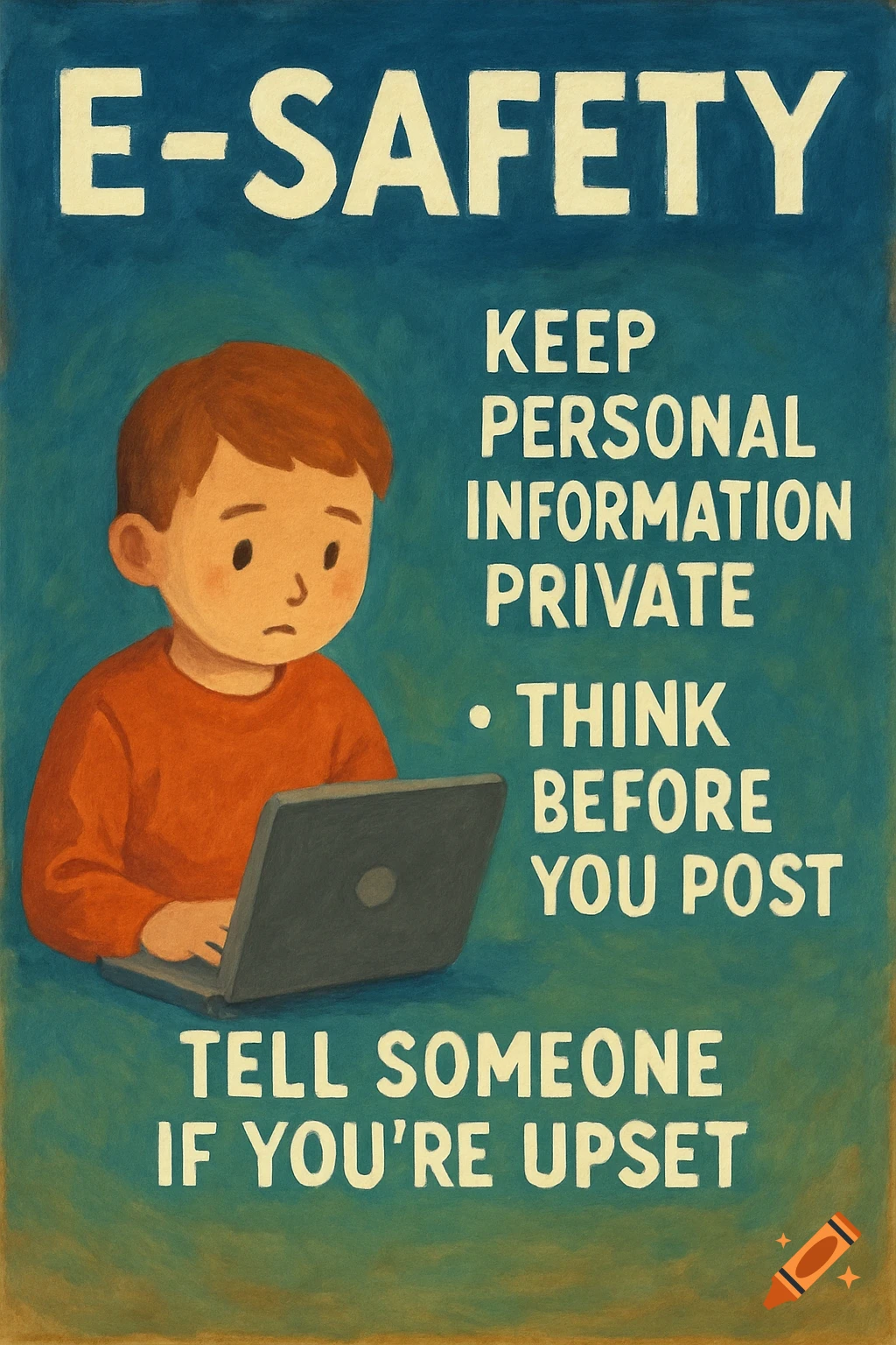 Illustration of a boy looking at a laptop on a blue e-safety poster with text.