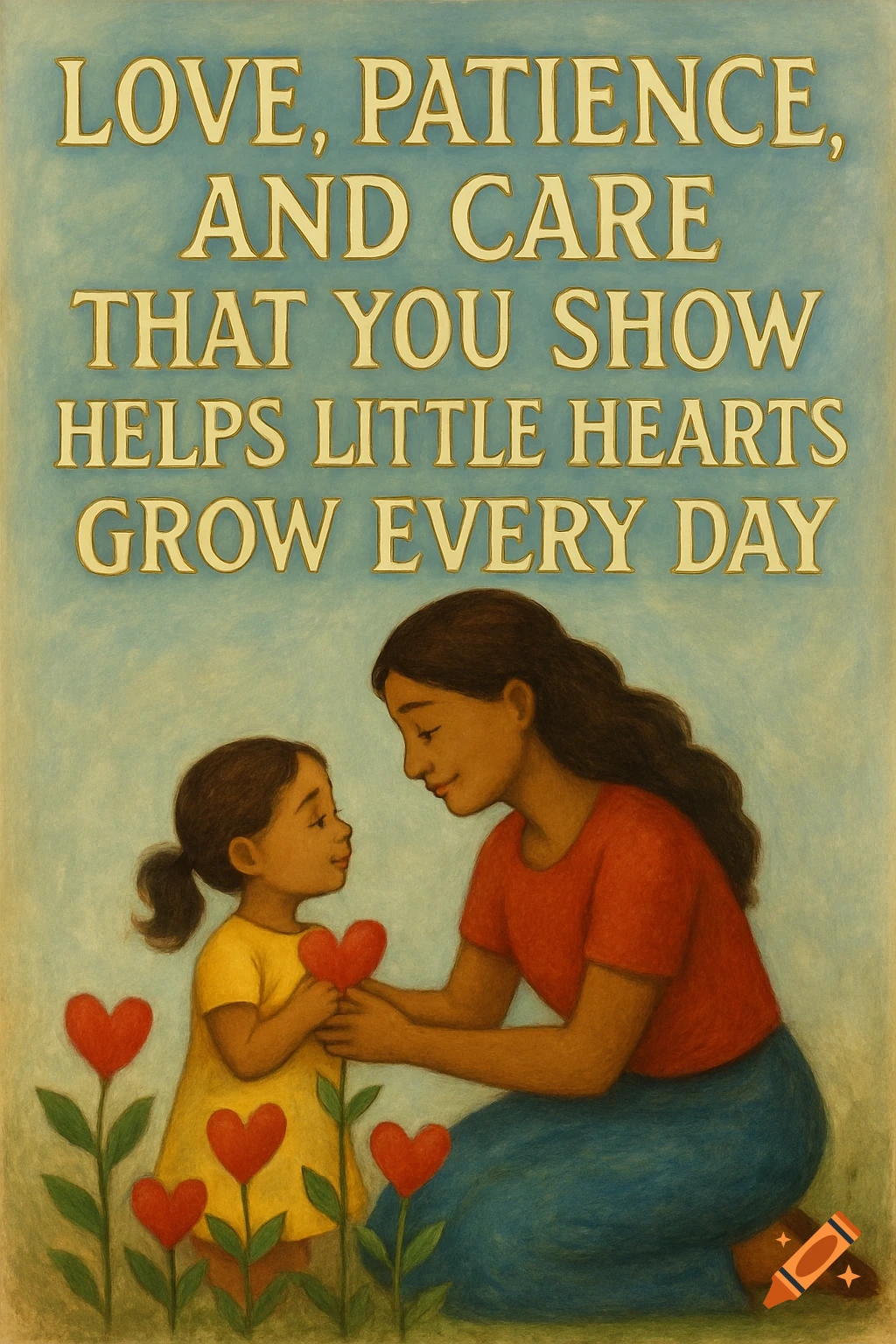 Illustration of a mother and child with heart flowers under text saying "LOVE, PATIENCE, AND CARE THAT YOU SHOW HELPS LITTLE HEARTS GROW EVERY DAY".