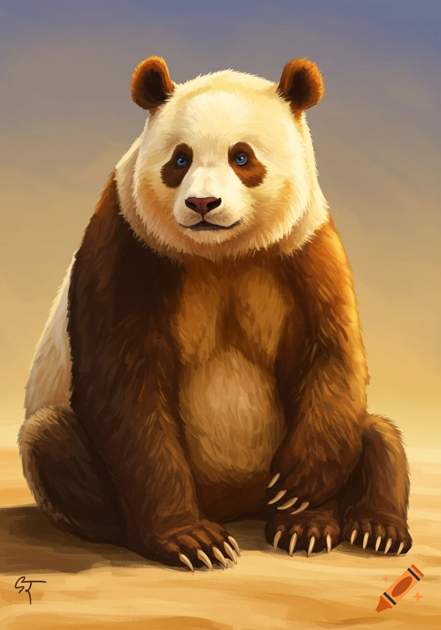 A brown and white panda with blue eyes sits, digital painting.