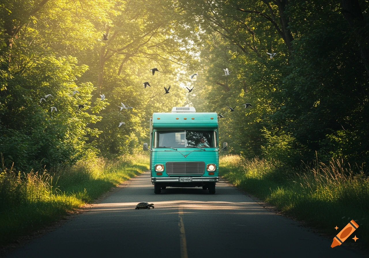 A turquoise camper van drives on a country road through a sunlit forest with birds flying and a turtle crossing the road.