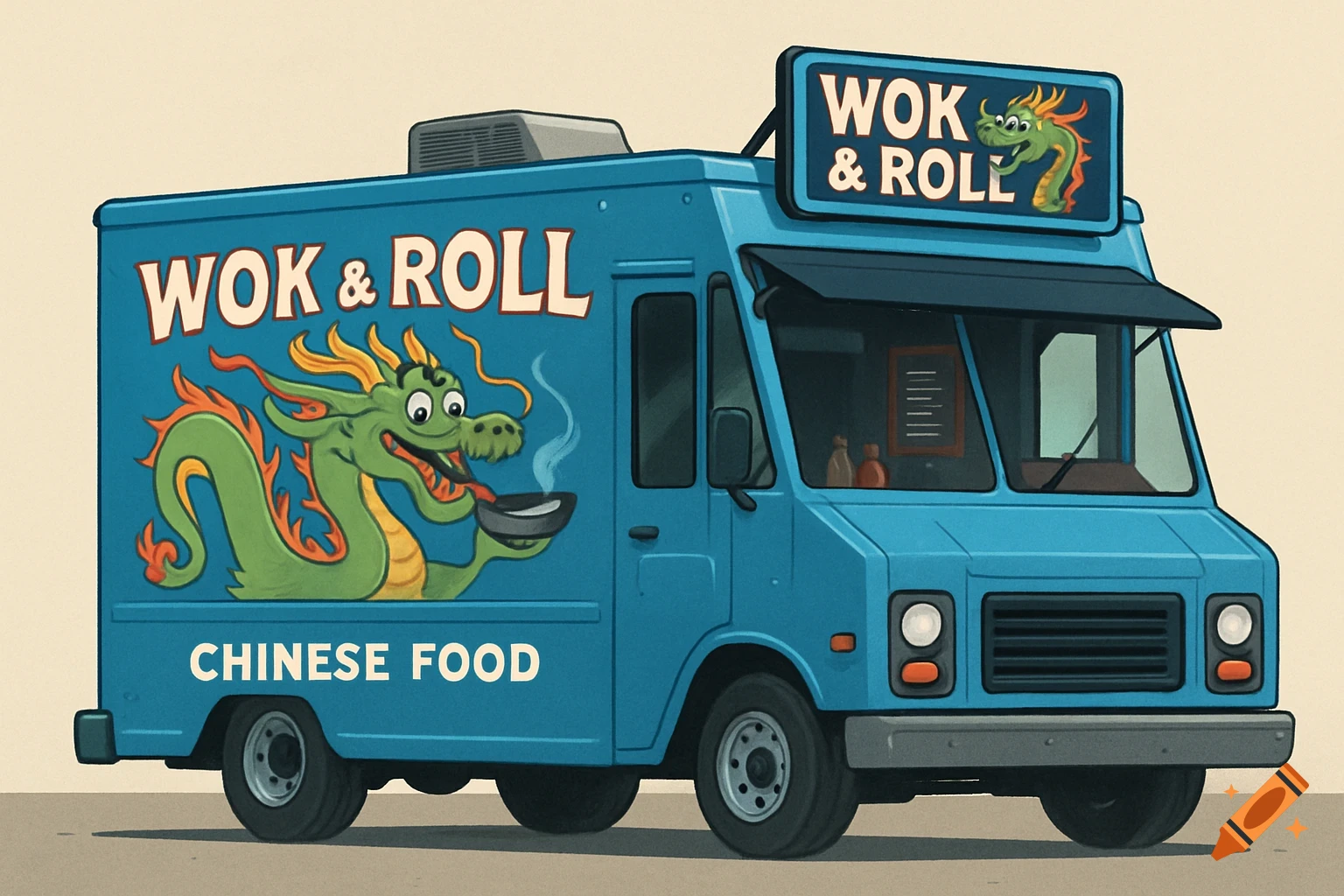 A blue cartoon food truck with a green dragon graphic and the text "WOK & ROLL".