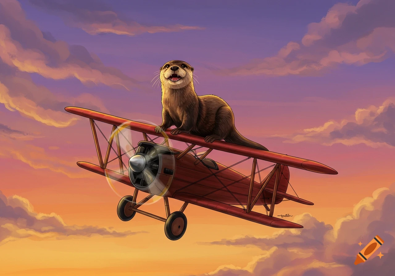 An otter grins while sitting on the wing of a red biplane flying through a sunset sky.