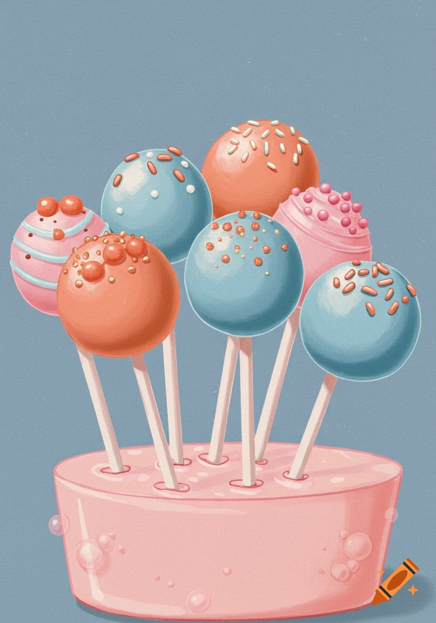 Cartoon illustration of pastel pink, blue, and orange cake pops in a pink stand against a blue background.