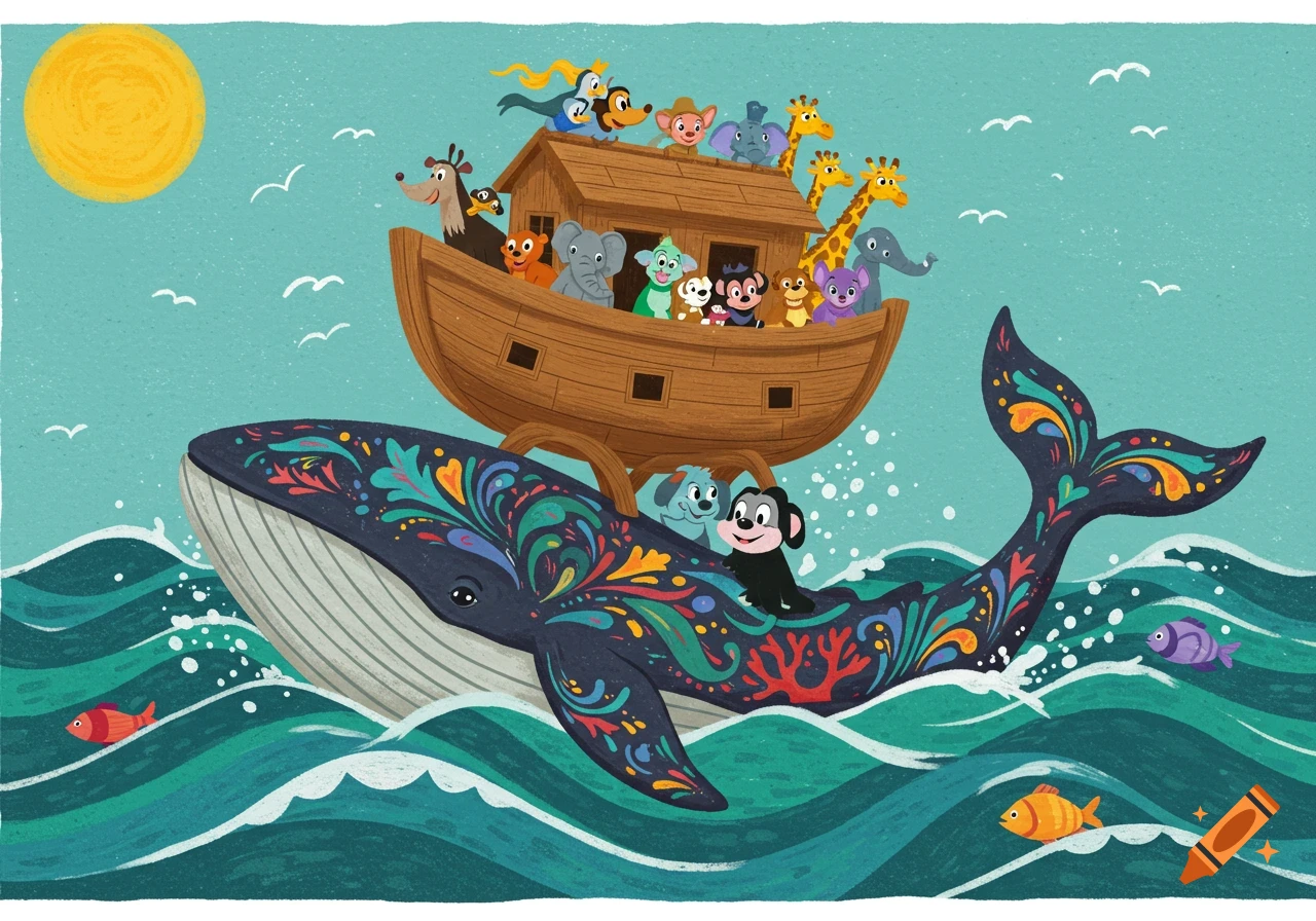 A colorful folk art illustration shows a large whale carrying an ark full of cartoon animals on its back through waves under a sun.