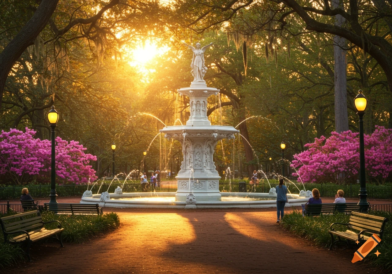 A large white fountain in a park at sunset, surrounded by trees, pink flowers, and people.