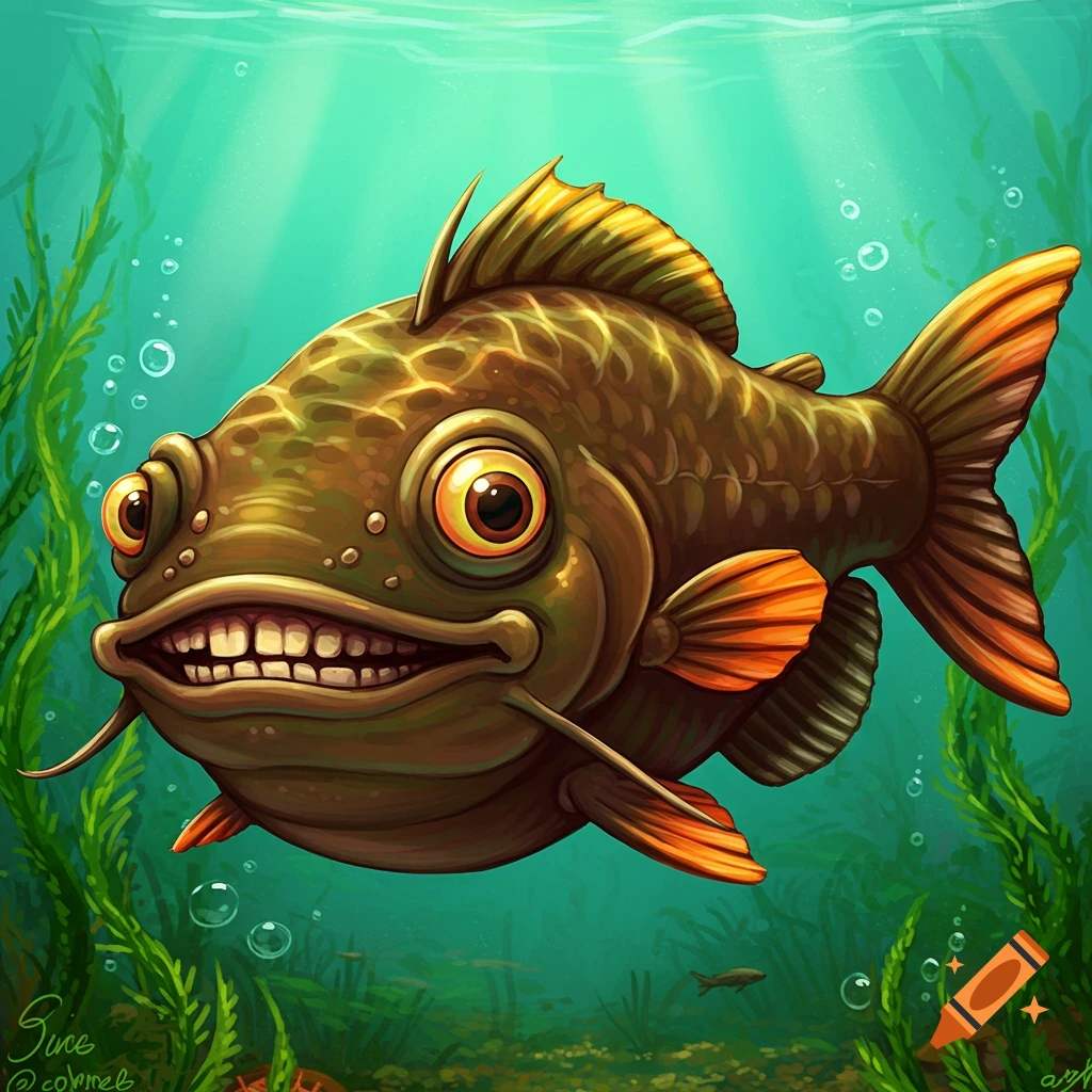 Illustration of a goofy-looking fish with big eyes and a toothy grin swimming underwater.