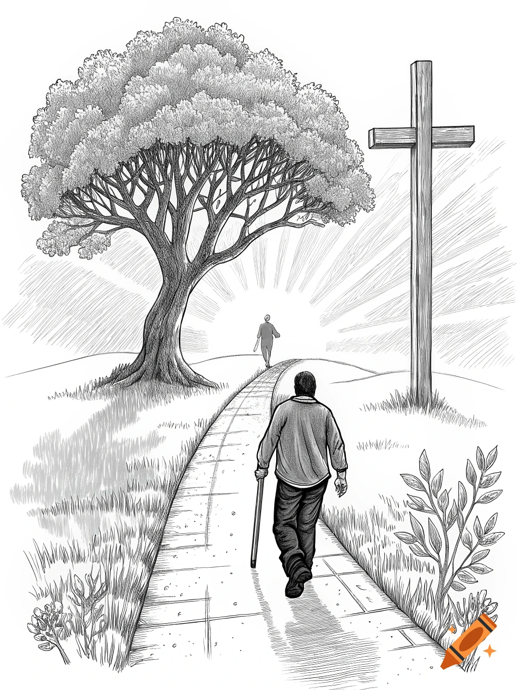 A sketch of a person walking on a path towards a tree and a cross, with rays of light.