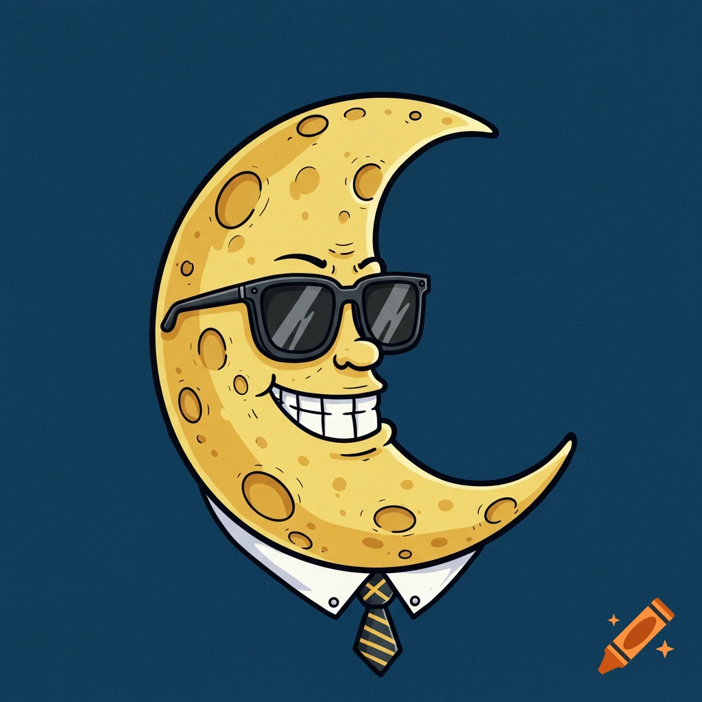 Cartoon crescent moon wearing sunglasses, shirt, and tie.