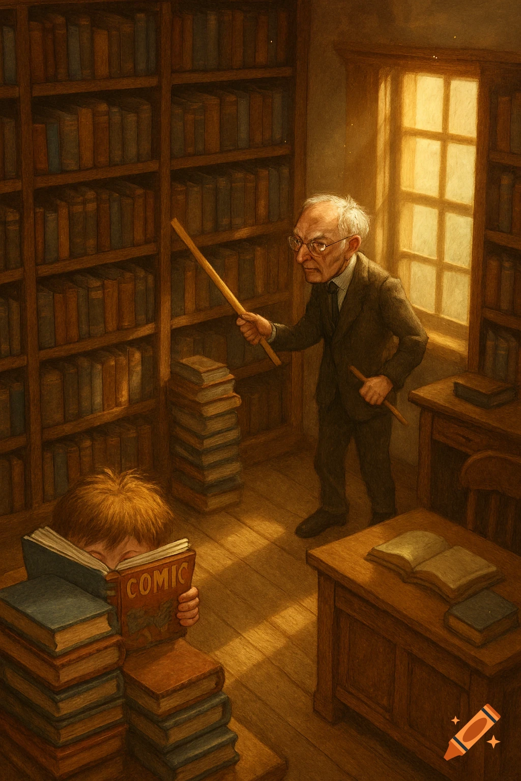 Illustration of a stern teacher in a library looking at a boy hiding behind books reading a comic.