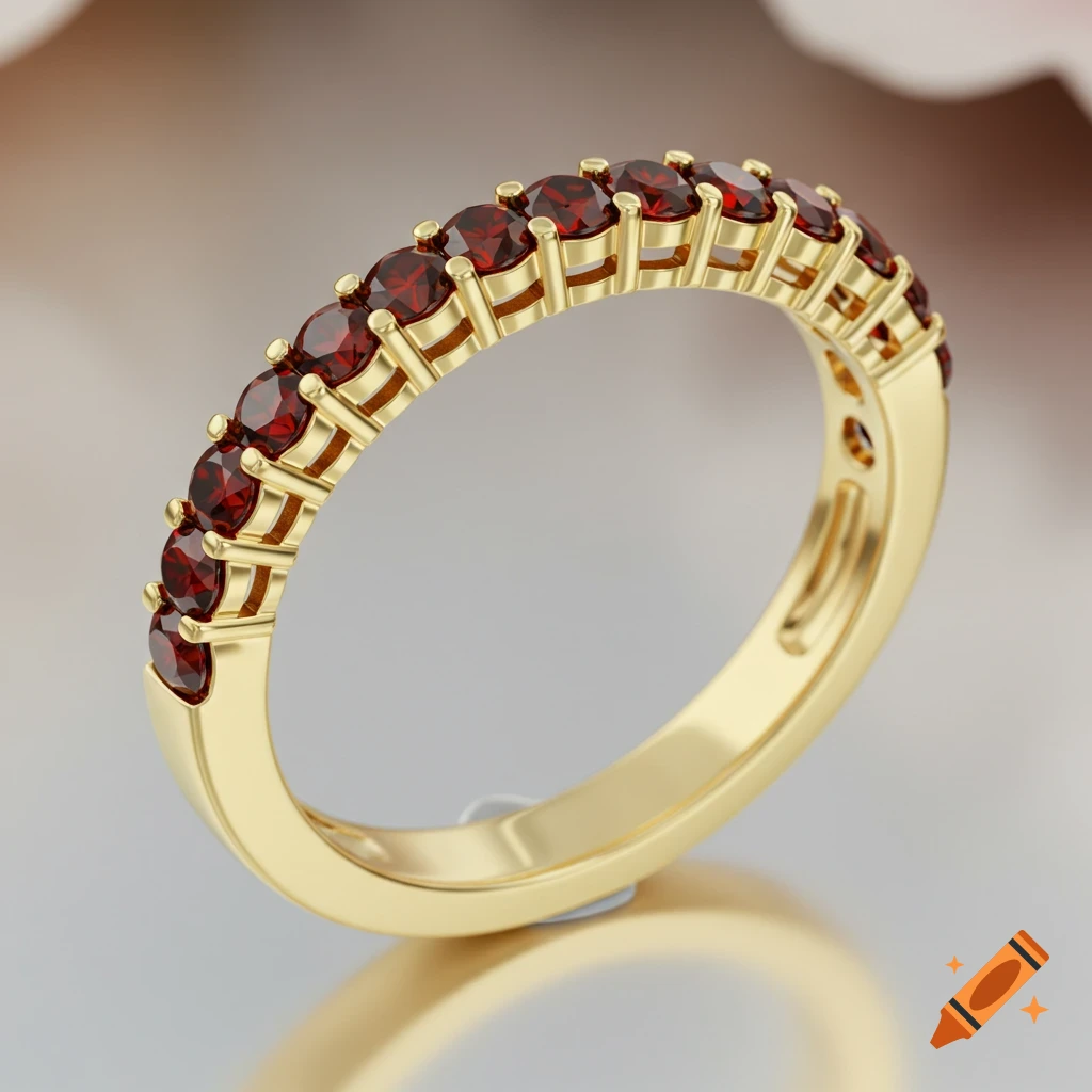 A yellow gold ring with a band of red garnet stones.