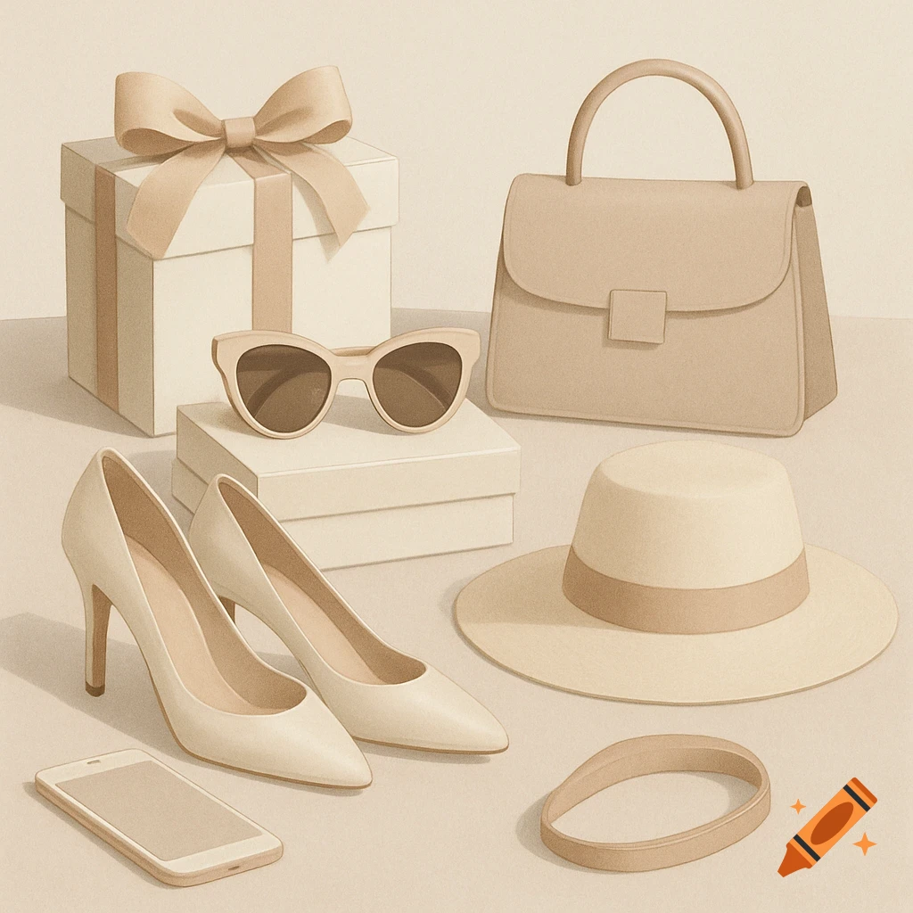 Minimalist illustration of luxury fashion accessories including shoes, bag, sunglasses, hat, and gift box