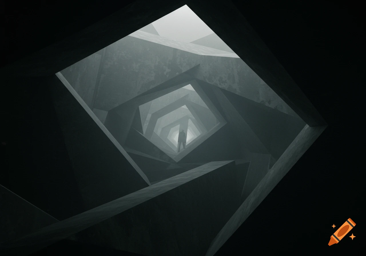 Figure standing in a dark, foggy, geometric maze.
