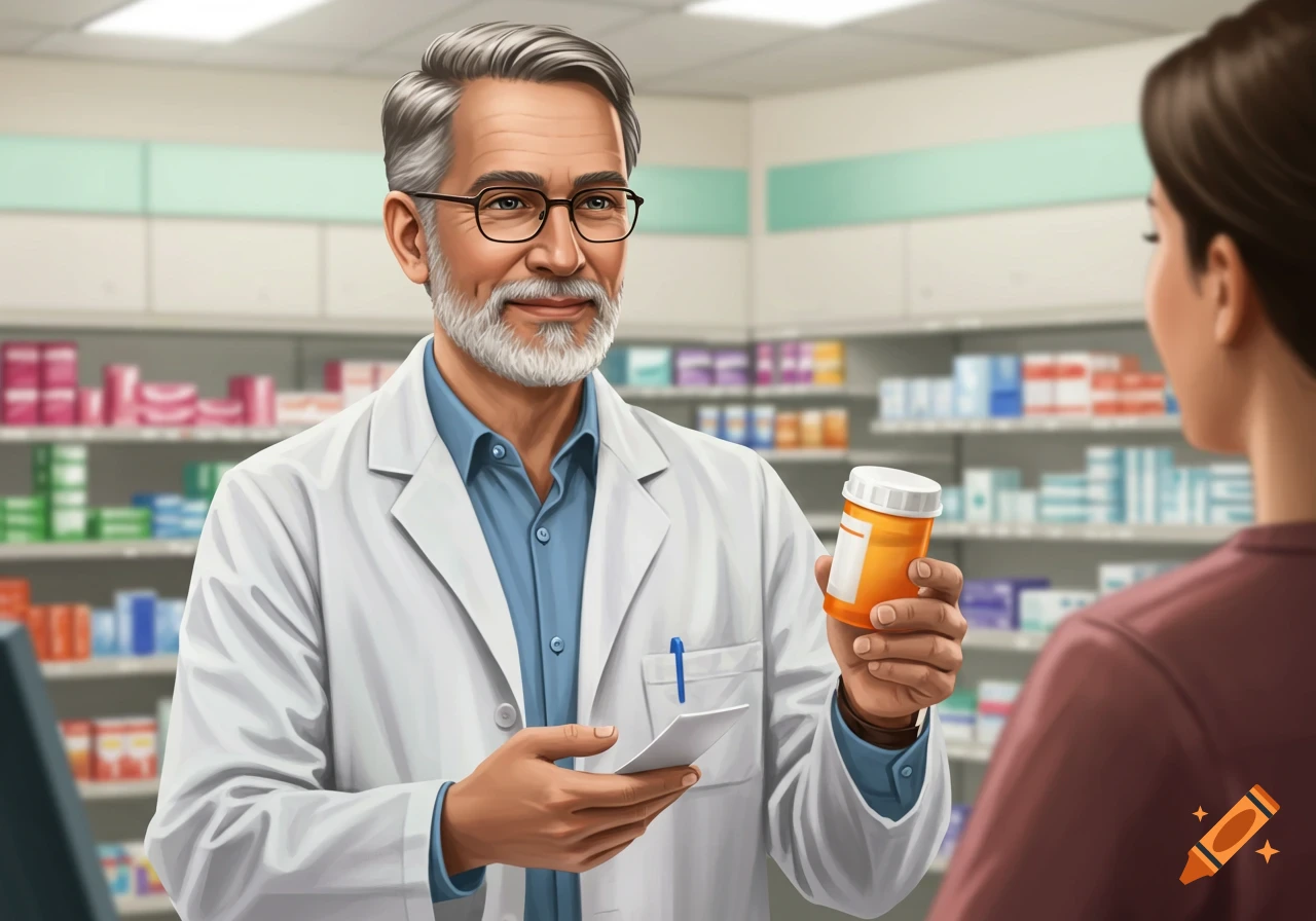 Illustration of a pharmacist presenting a medication bottle to a customer in a pharmacy