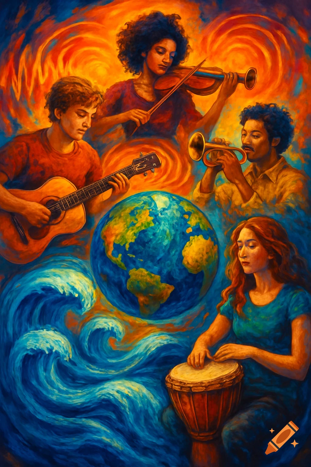 People playing music around a globe with waves and swirling patterns in a vibrant painterly style.