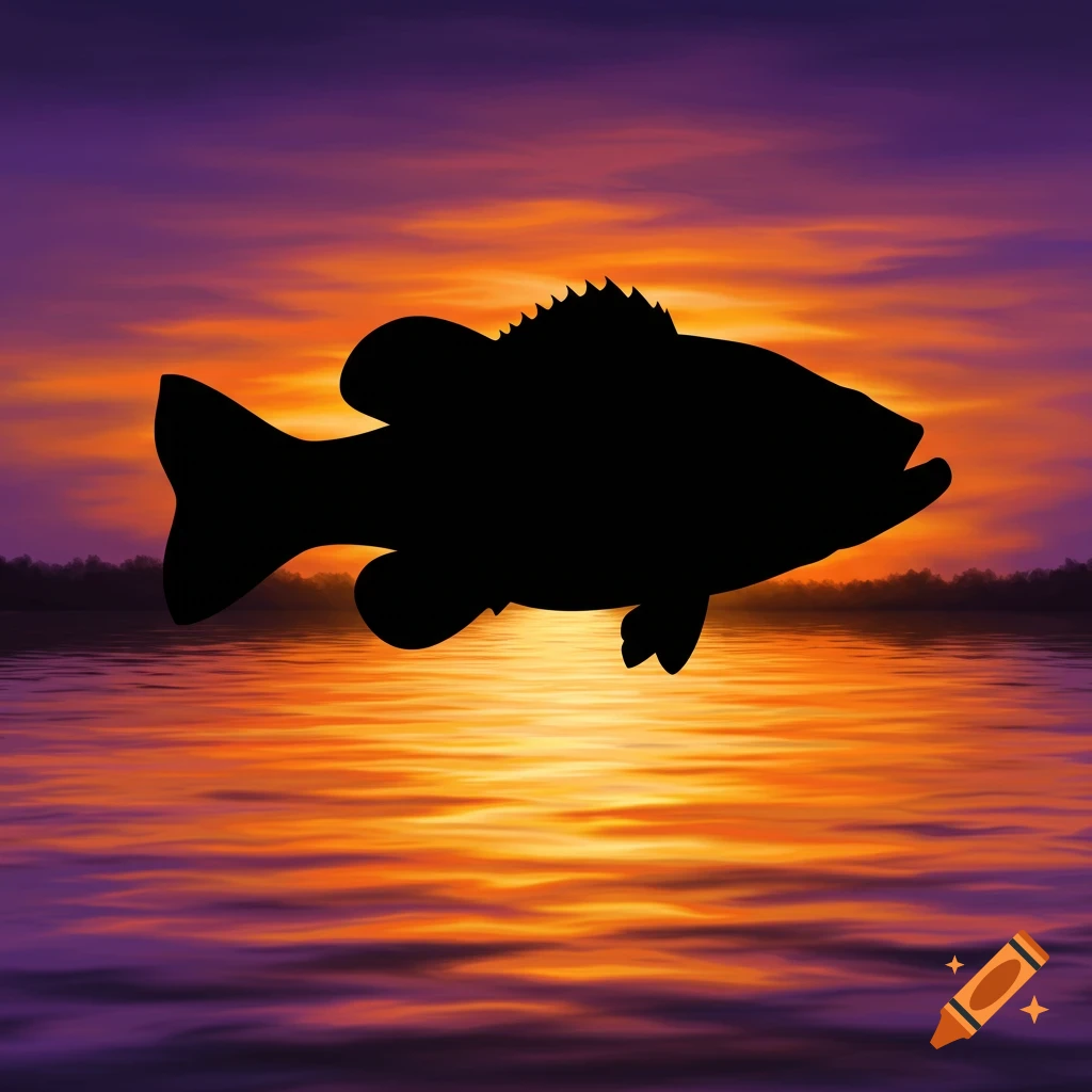 Black silhouette of a bass fish against a vibrant orange and purple sunset over water.