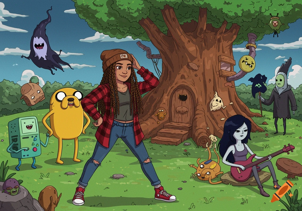 Adventure Time cartoon illustration of a character with Jake, BMO, Marceline, and the Lich in front of the treehouse.