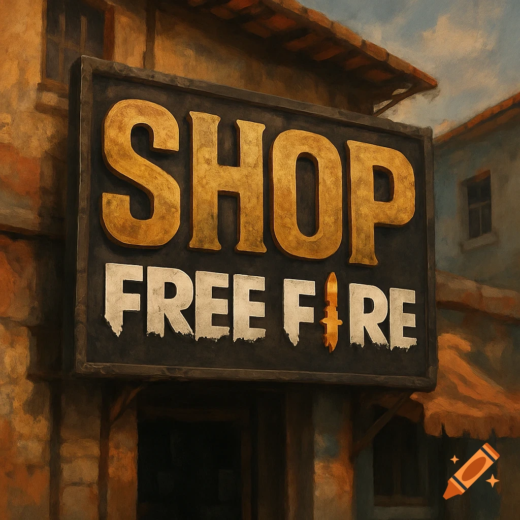 A shop sign that says 'SHOP' and 'FREE FIRE' in a painterly style.