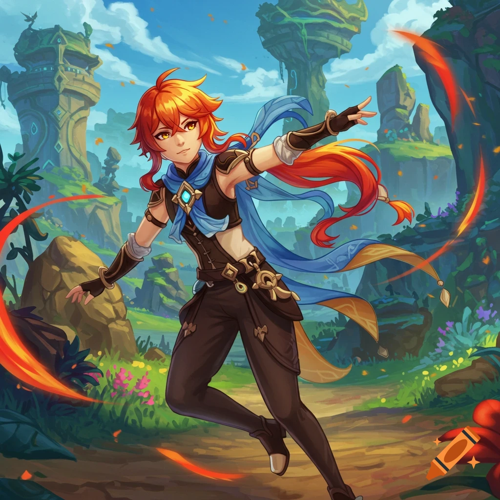 Anime fantasy character with orange hair and blue scarf in a dynamic pose with orange energy trails in a landscape.