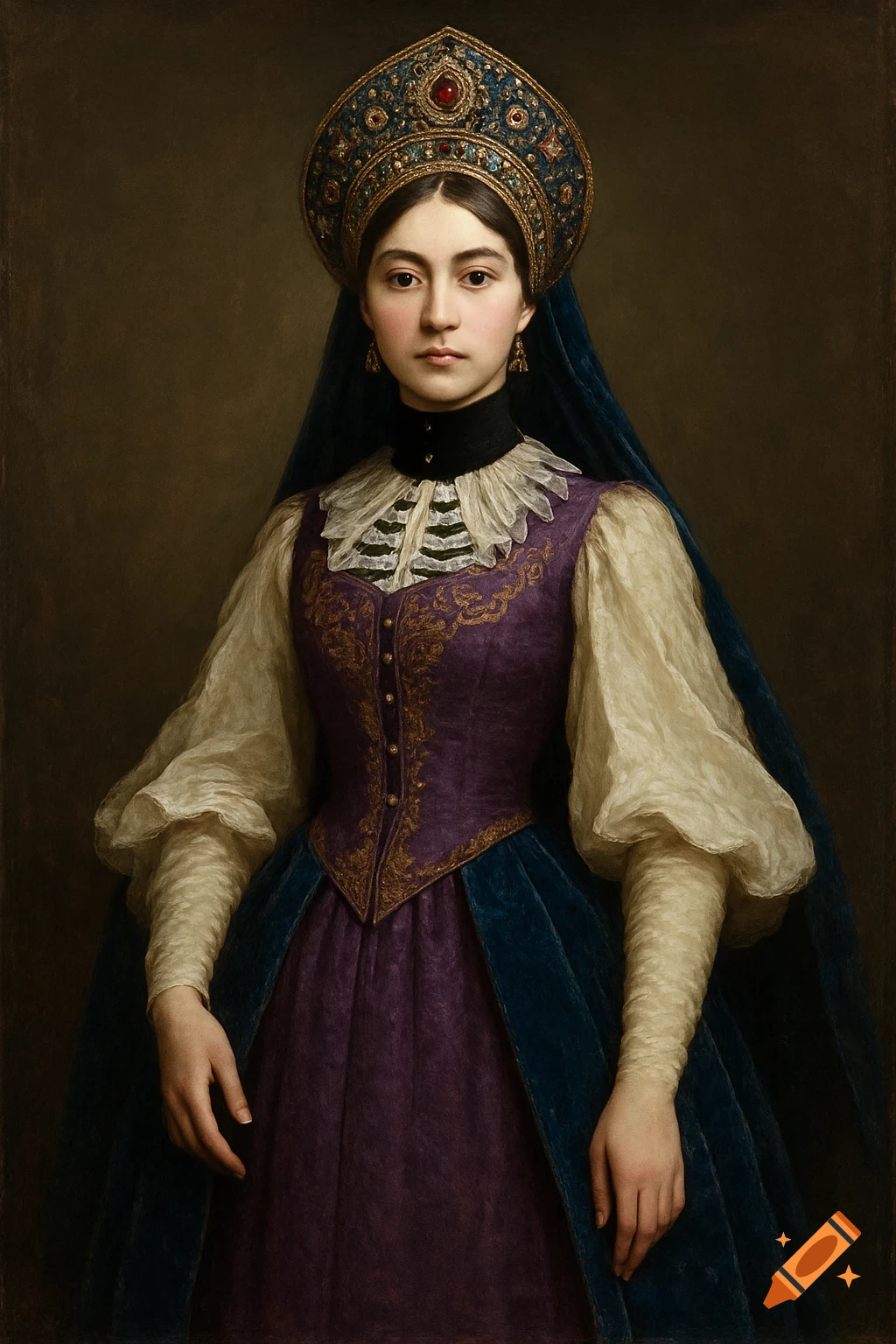 A portrait of a woman wearing an elaborate bejeweled kokoshnik and a purple and blue historical dress.