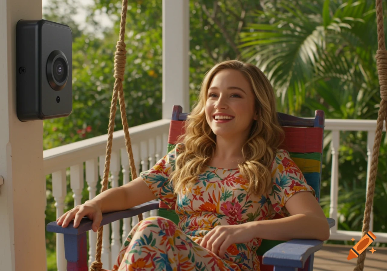 A young woman smiles while sitting in a colorful chair on a porch next to a security camera.