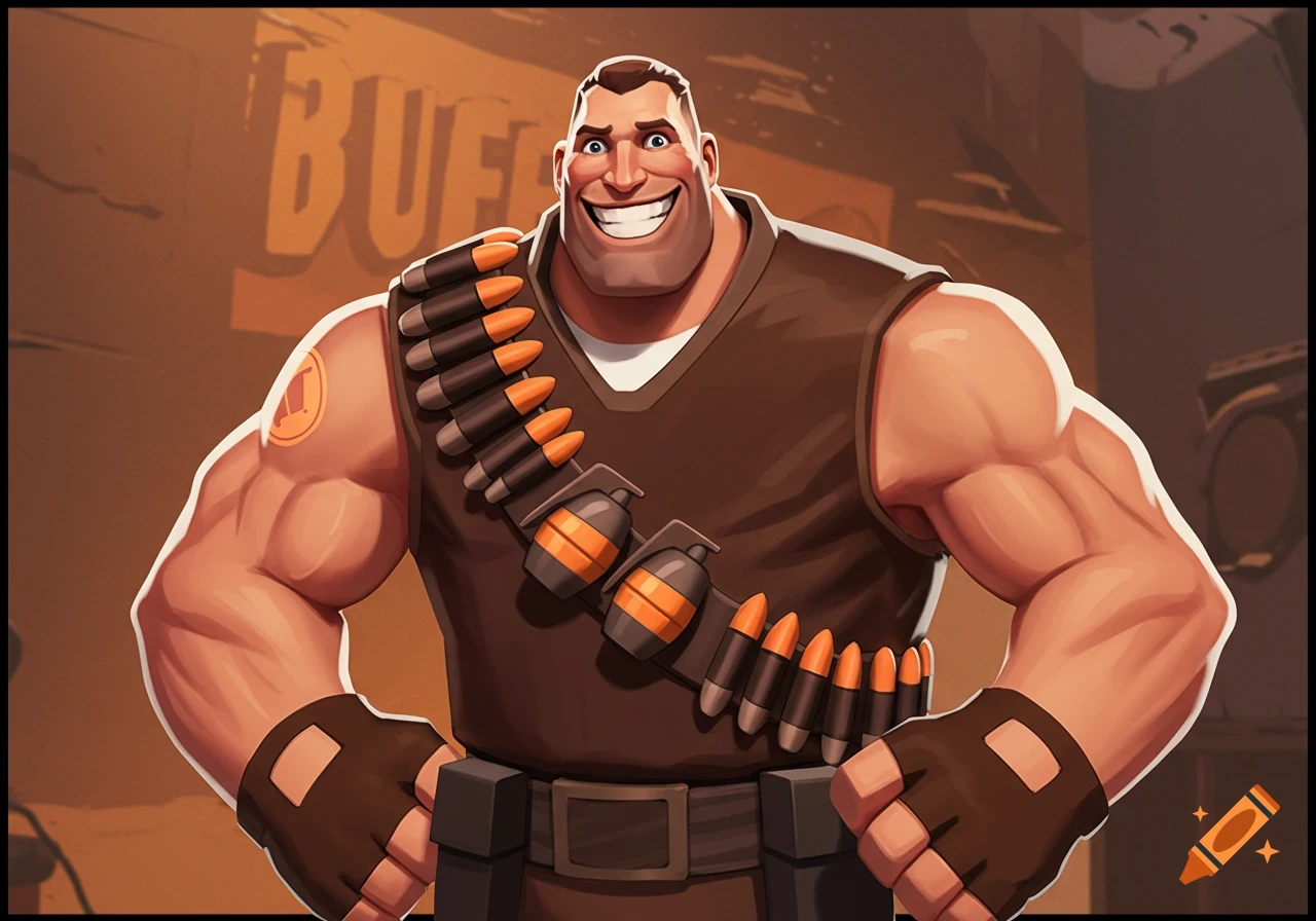 Stylized portrait of Team Fortress 2 Heavy character, looking muscular and smiling, with 'BUFF' text in the background.