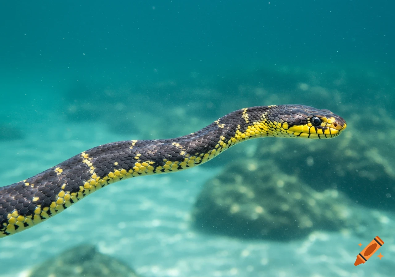 A black and yellow patterned snake swims underwater in clear blue water.