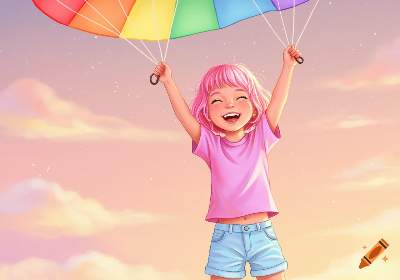 Happy girl with pink hair holding a rainbow parachute in a pastel sky illustration.