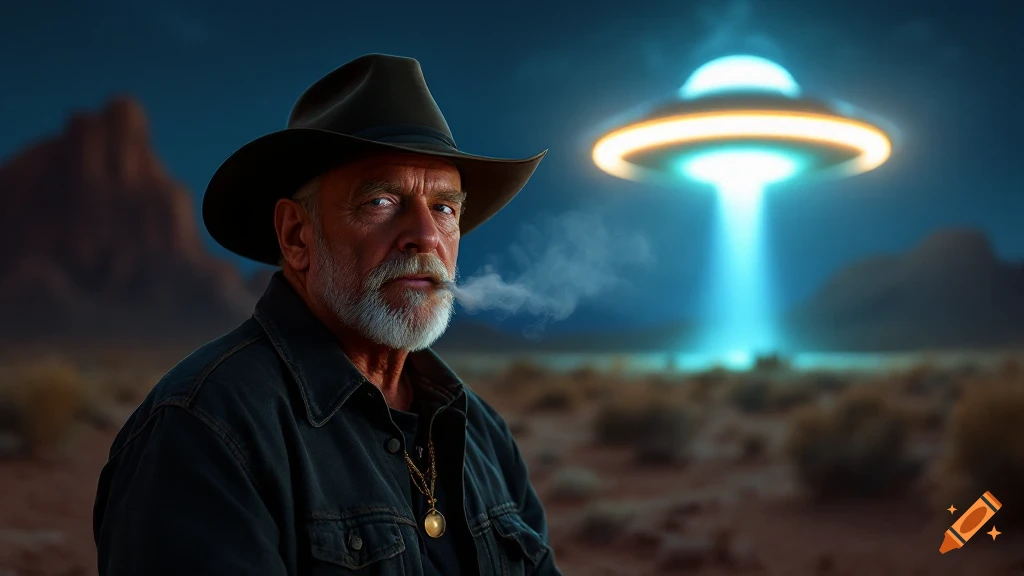 Photorealistic image of a man in a cowboy hat smoking in a desert with a UFO above.