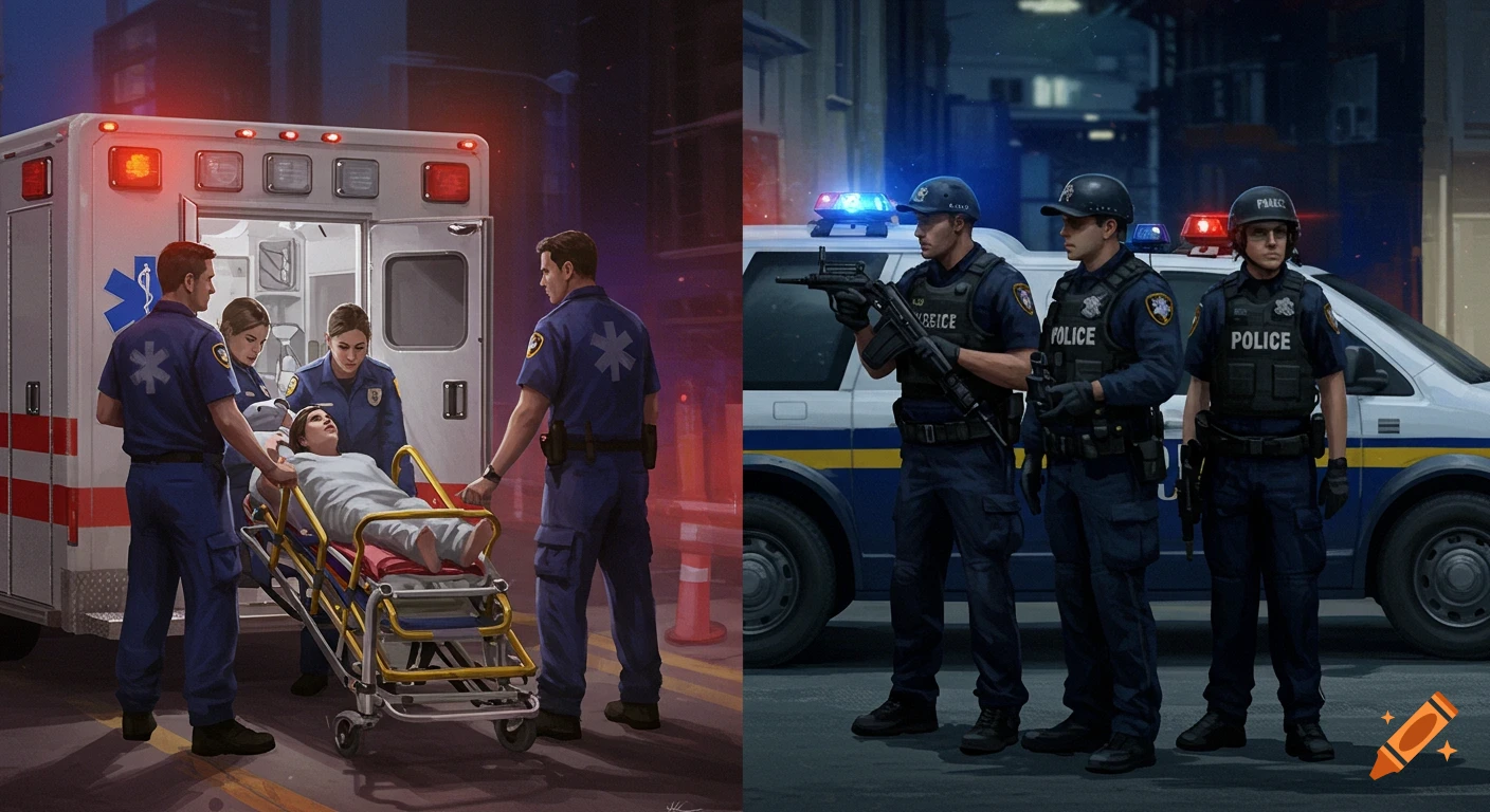 Split screen illustration: Paramedics and patient by an ambulance, and police officers with a police car.