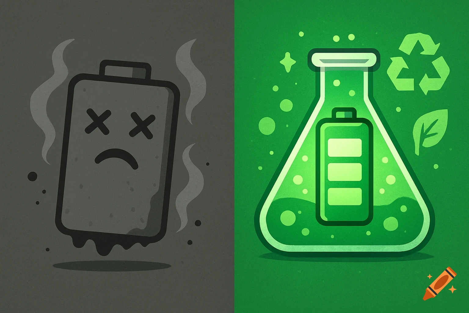Illustration of a dead battery and a recharged battery in a flask with recycling symbol.