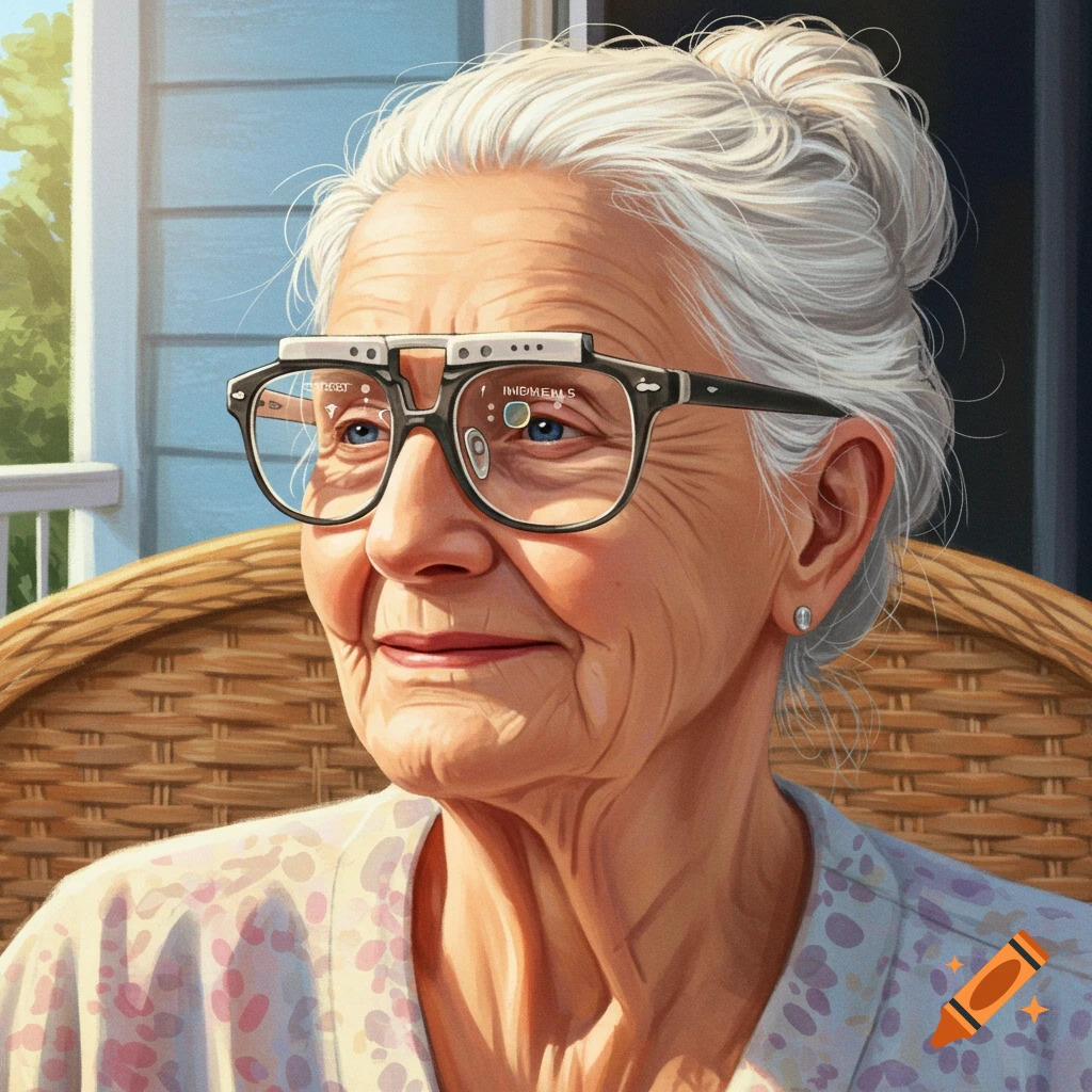 Realistic portrait of an elderly woman wearing glasses, sitting in a wicker chair outdoors