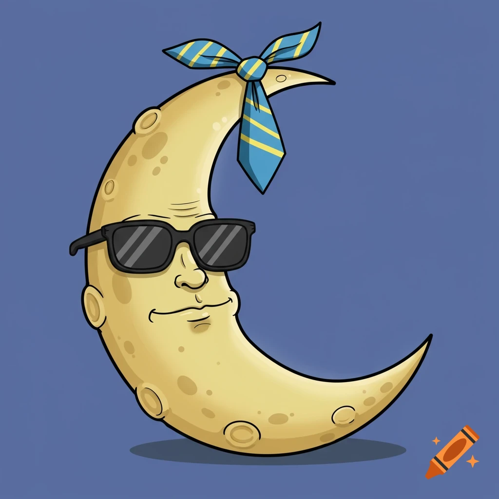 A cartoon crescent moon character wears sunglasses and a striped blue tie around its head.