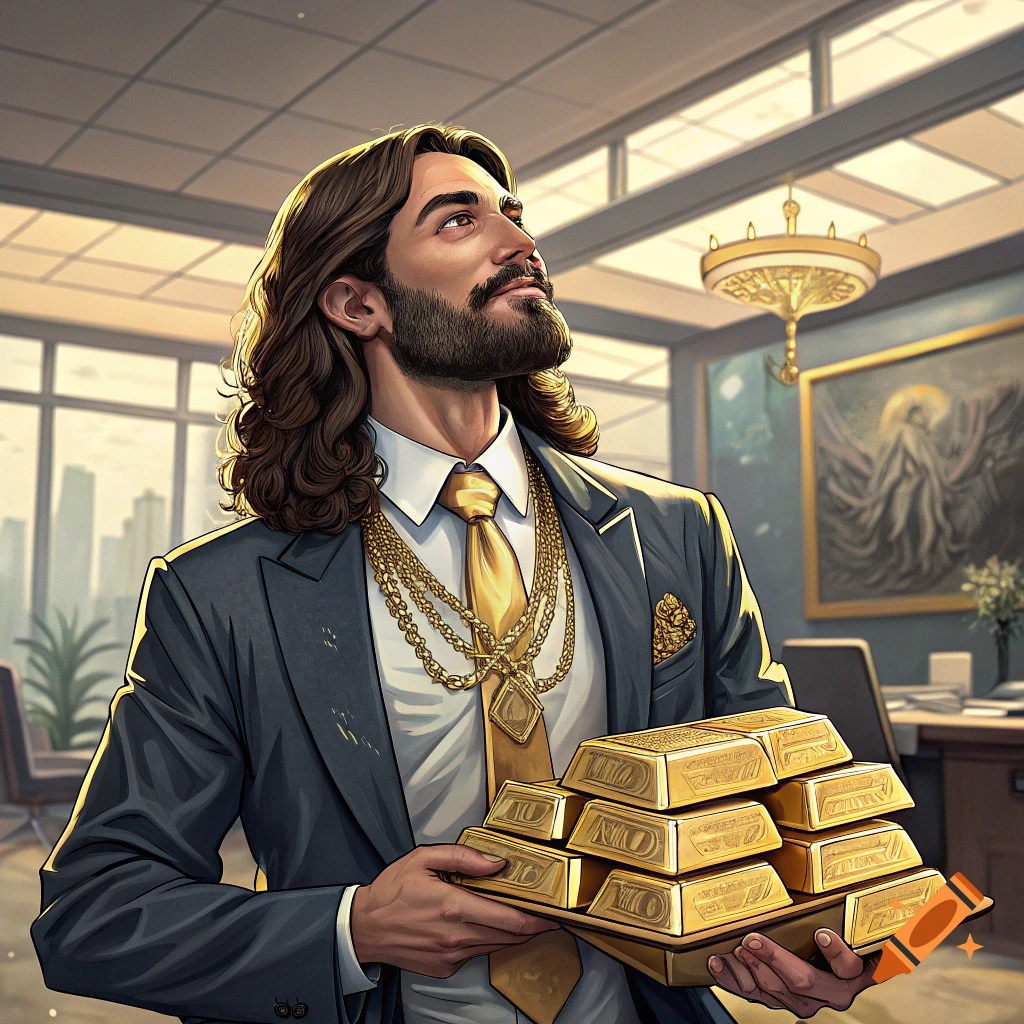 Stylized illustration of Jesus wearing a suit and gold chains, holding gold bars in an office.