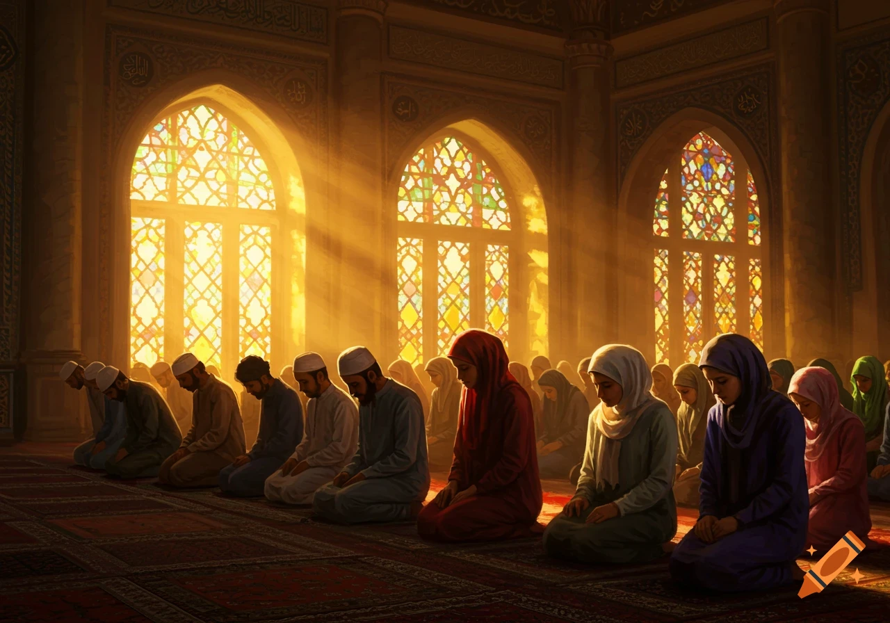People kneel and pray inside a mosque bathed in sunlight streaming through stained glass windows.