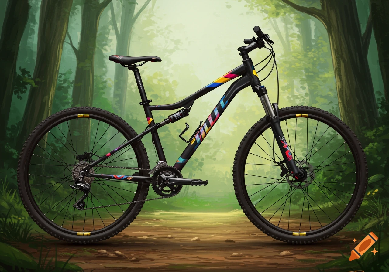 Black mountain bike with colorful accents on a forest path, painted style