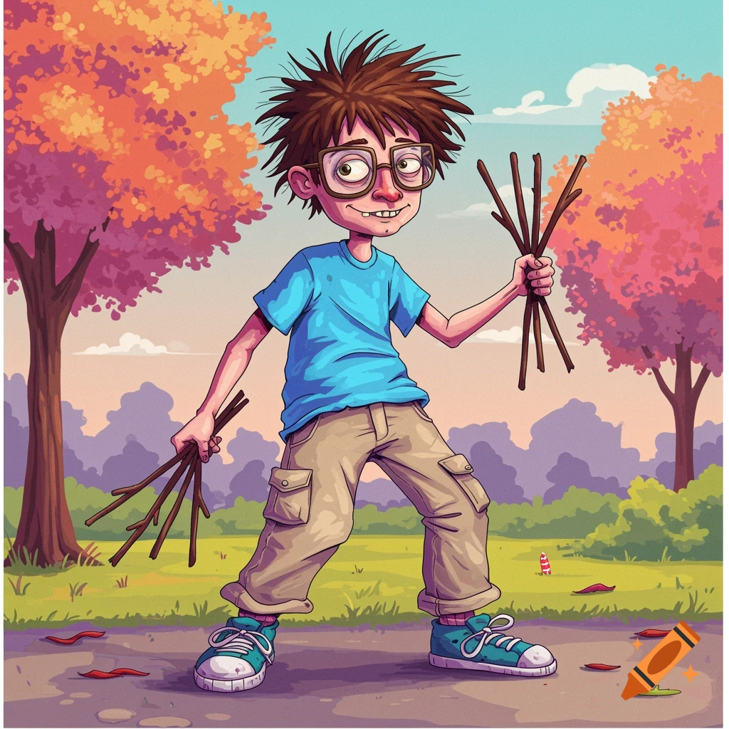 Cartoon illustration of a boy with messy hair and glasses holding sticks in a park.