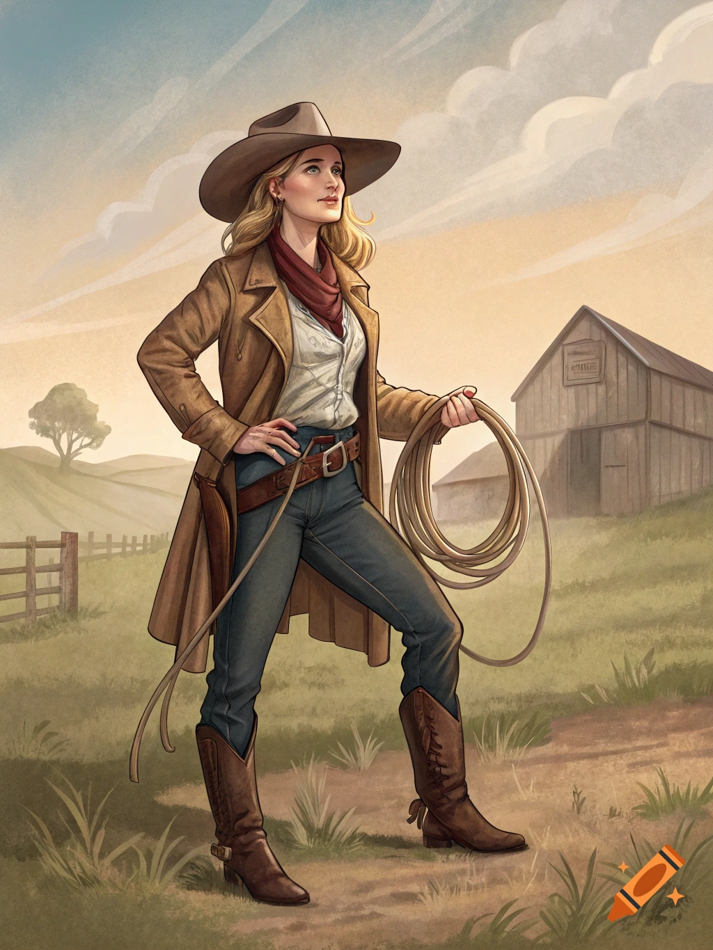 Illustrative portrait of a cowgirl holding a rope in a field with a barn.