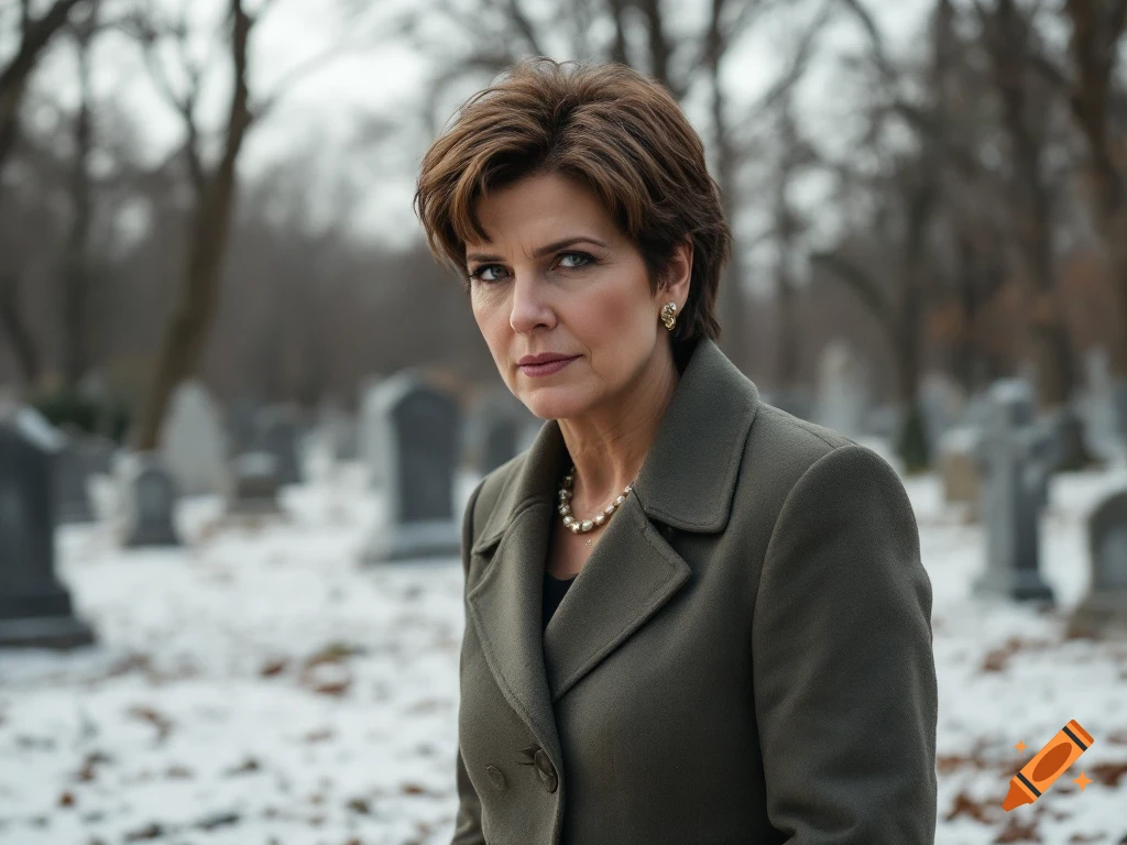 A woman stands in a snowy cemetery.