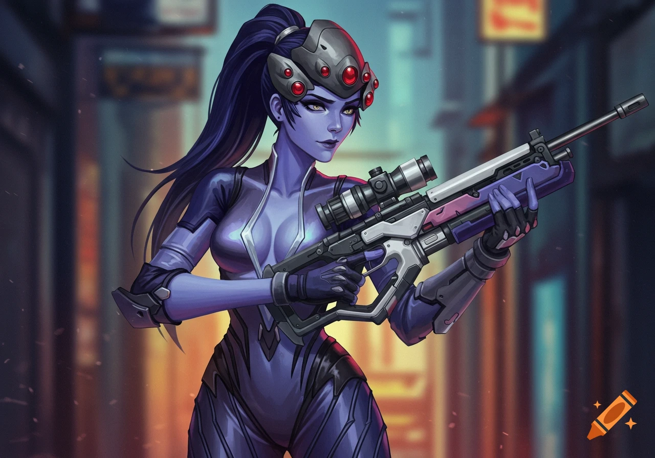 Widowmaker from Overwatch holds her rifle in a street setting.