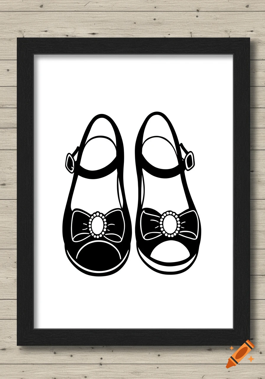 A black and white illustration of a pair of baby shoes with bows, framed.