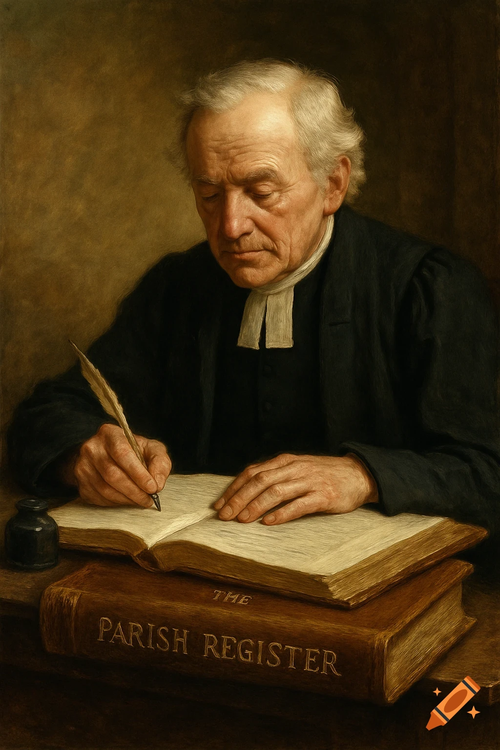 An elderly man in clerical attire writes in a book with a feather quill, historical portrait style