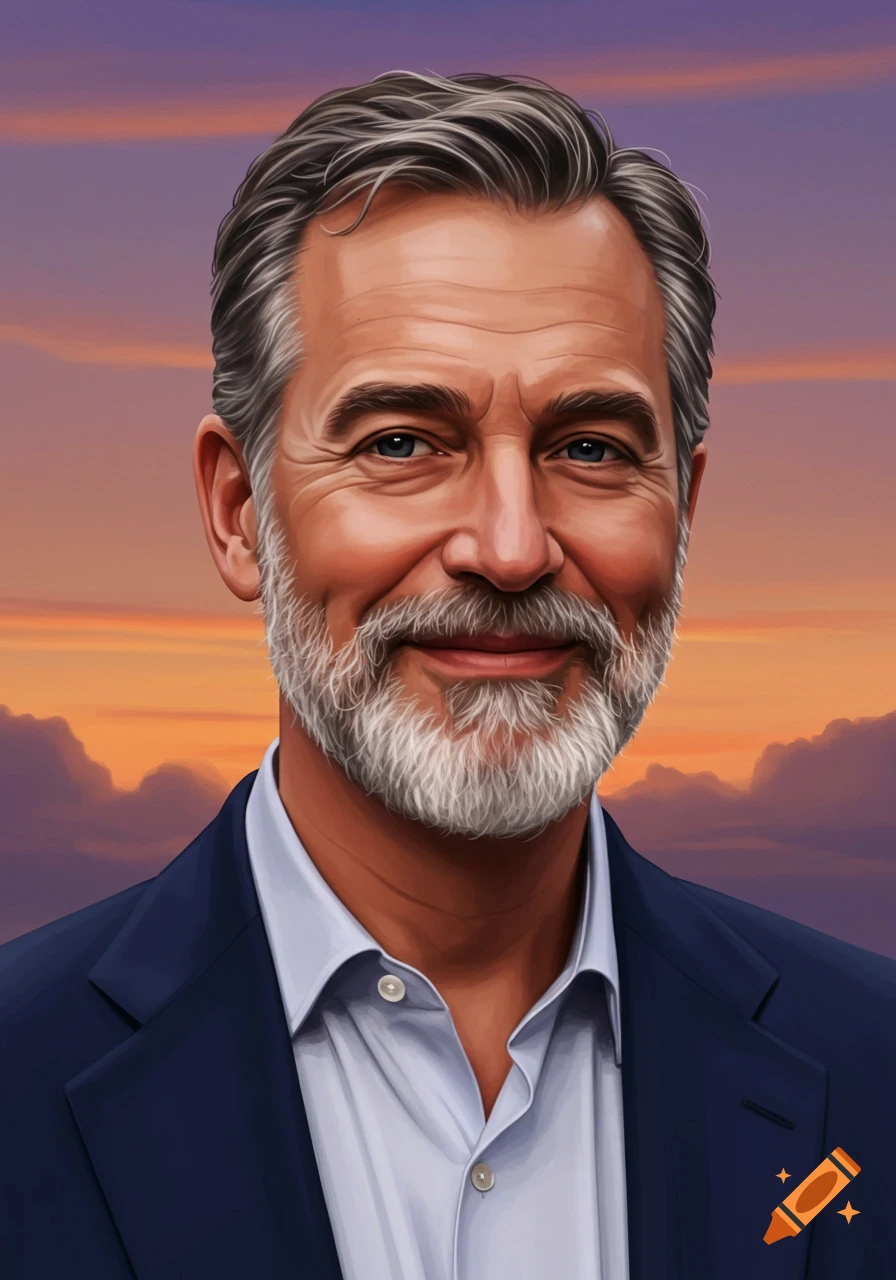 Stylized portrait of an older man with a beard and suit against a sunset sky.