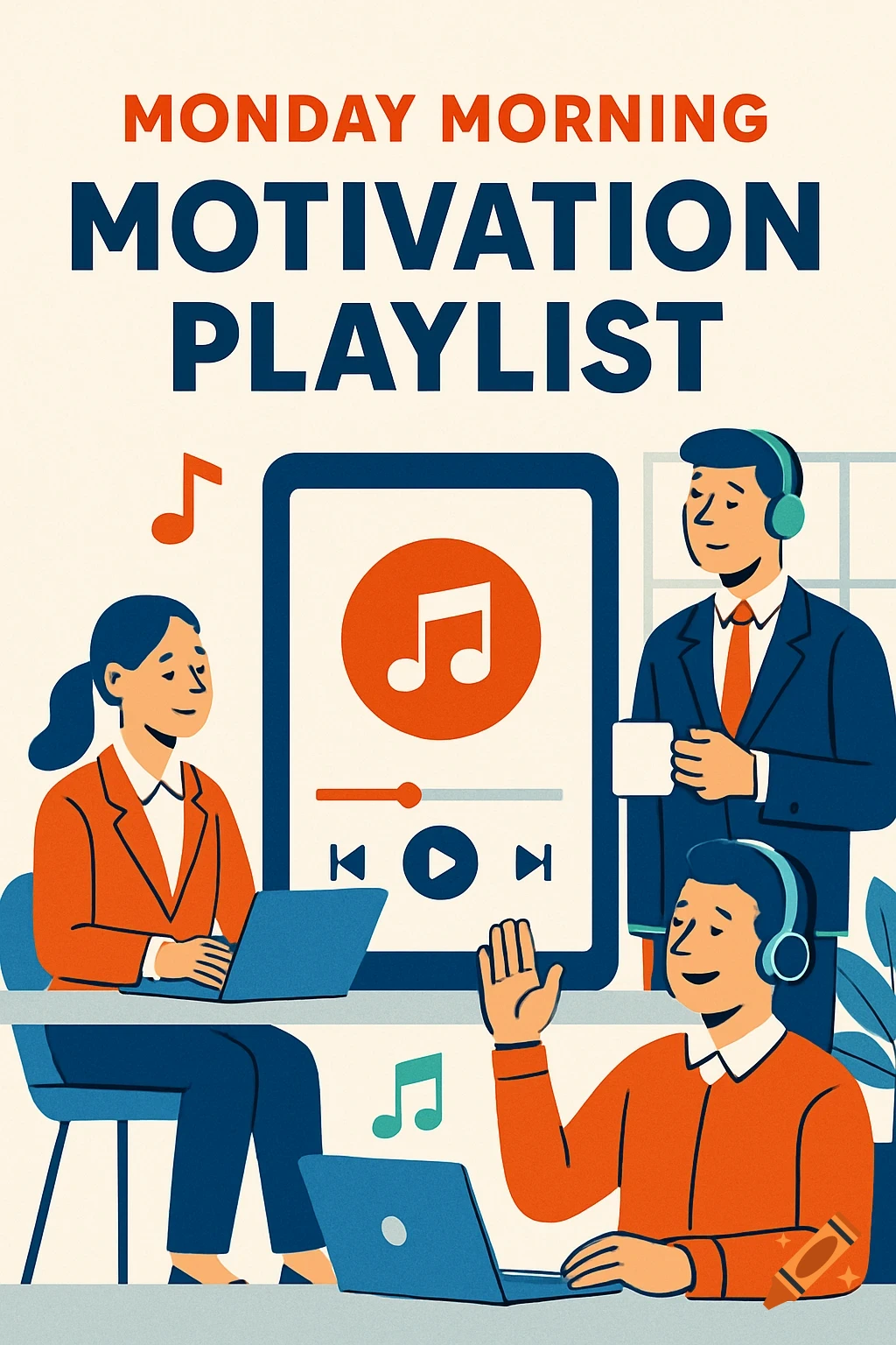 Corporate Memphis illustration of people with headphones and laptops, listening to a motivation playlist on a screen.